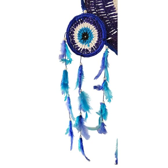 Crocheted Evil Eye Blue and White Dreamcatcher With Feathers and Beads 36" Long - Picture 3 of 8
